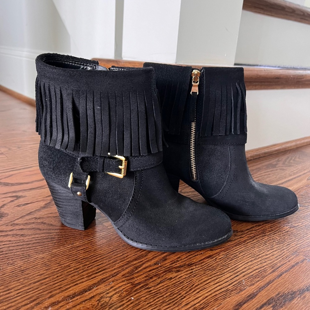 LRL Ralph Lauren Mara Black Suede Fringe Ankle Boots Gold Buckle 7.5B 11739 G14 - Picture 2 of 15